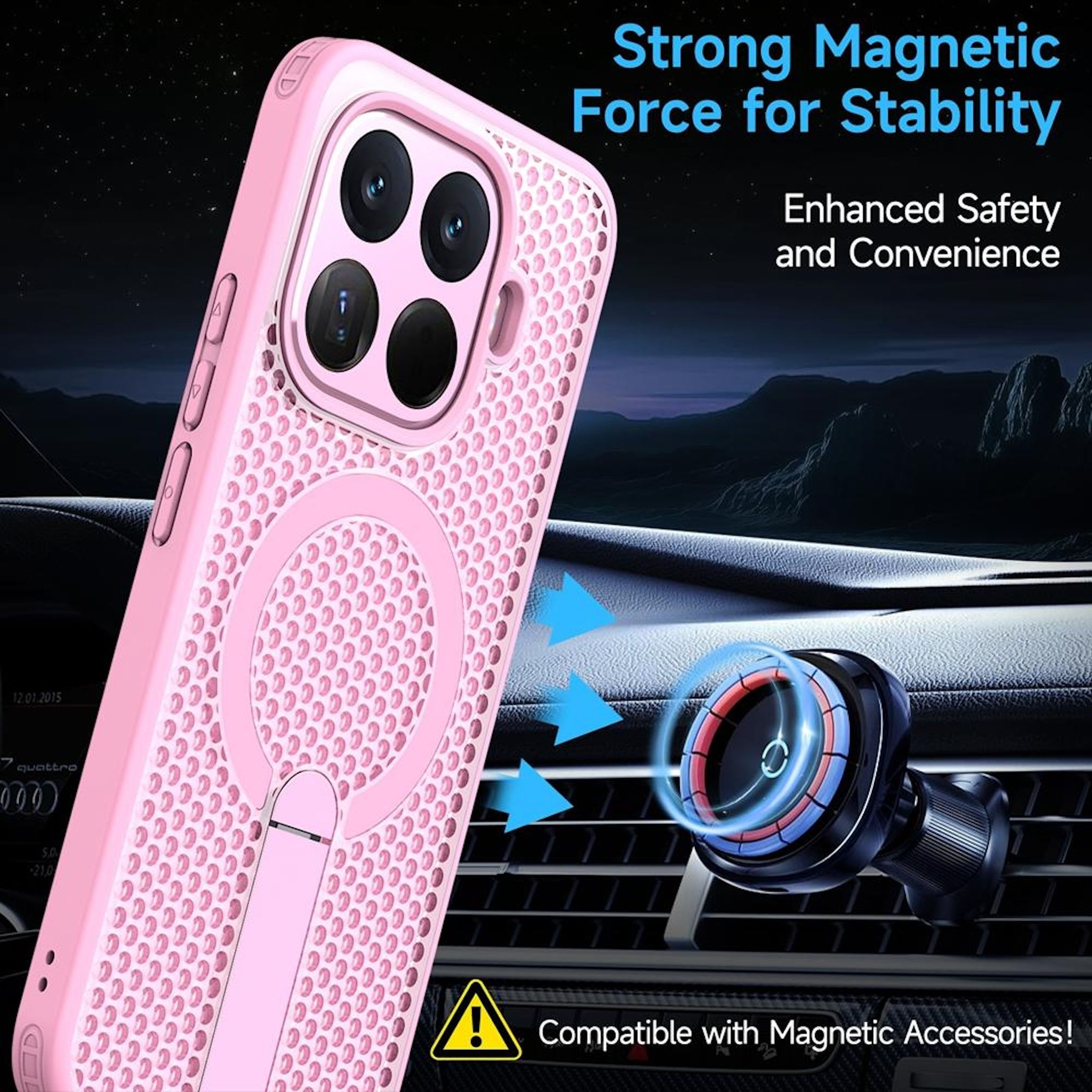 Ein pinkes Handycase mit Magnetring wird auf einem Auto-Lüftungsschlitz montiert.