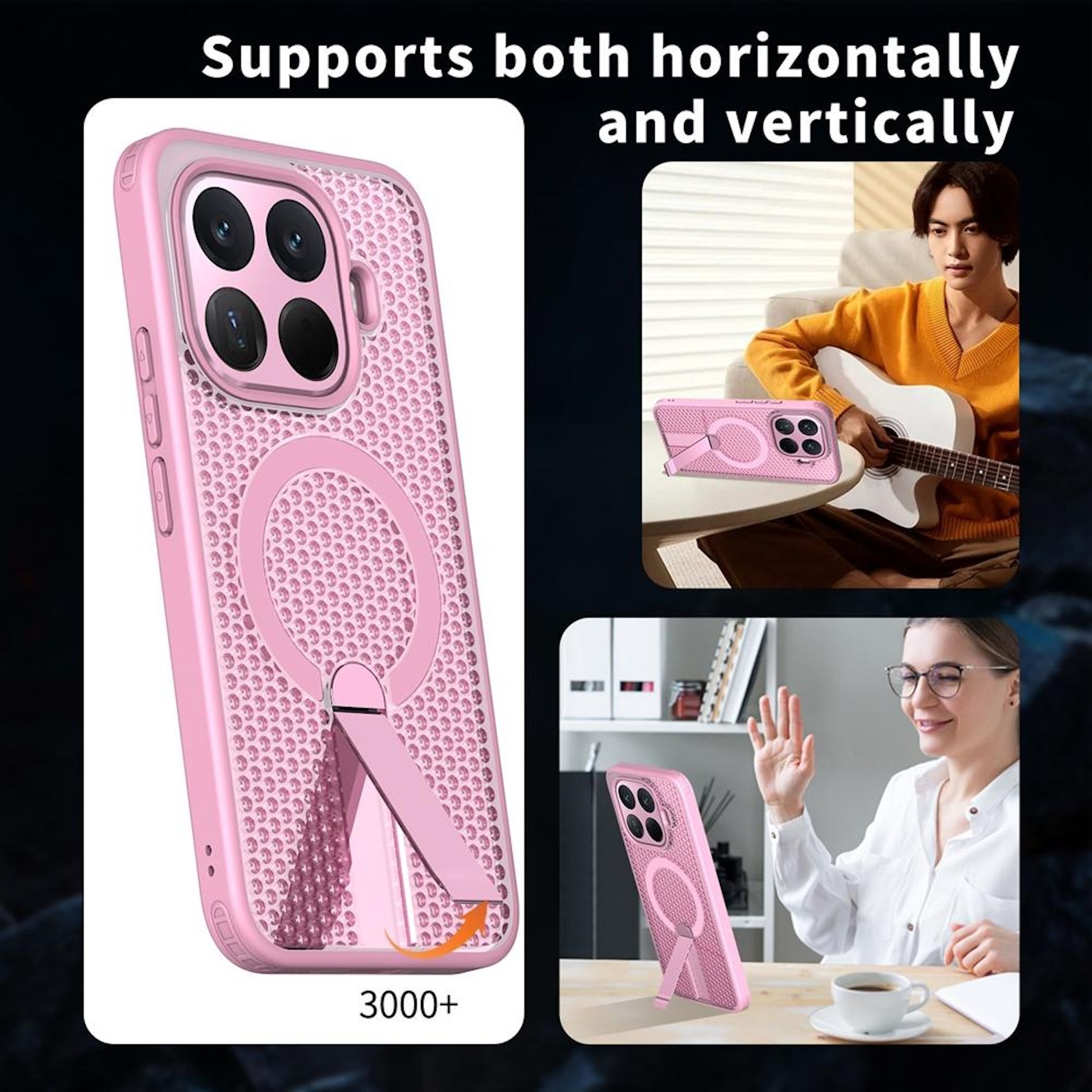 Ein rosa Handyhülle mit Ständer wird gezeigt. Mehrere Szenen zeigen die Hülle.