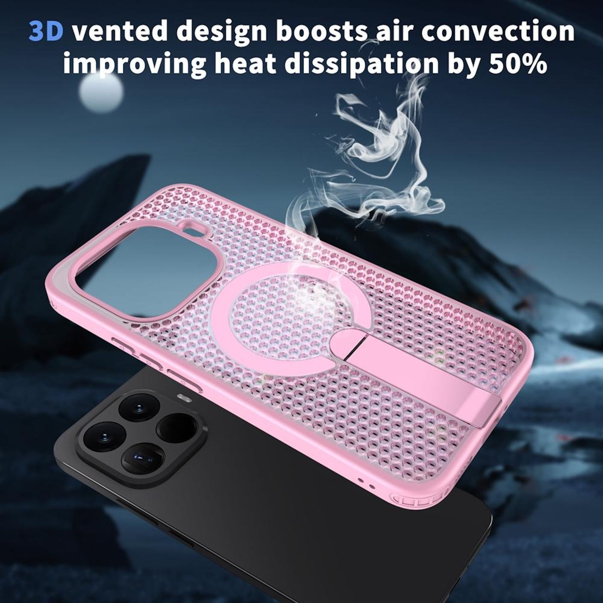 Pink Handyhülle mit Wabenmuster und Ständer, über schwarzem Handy.