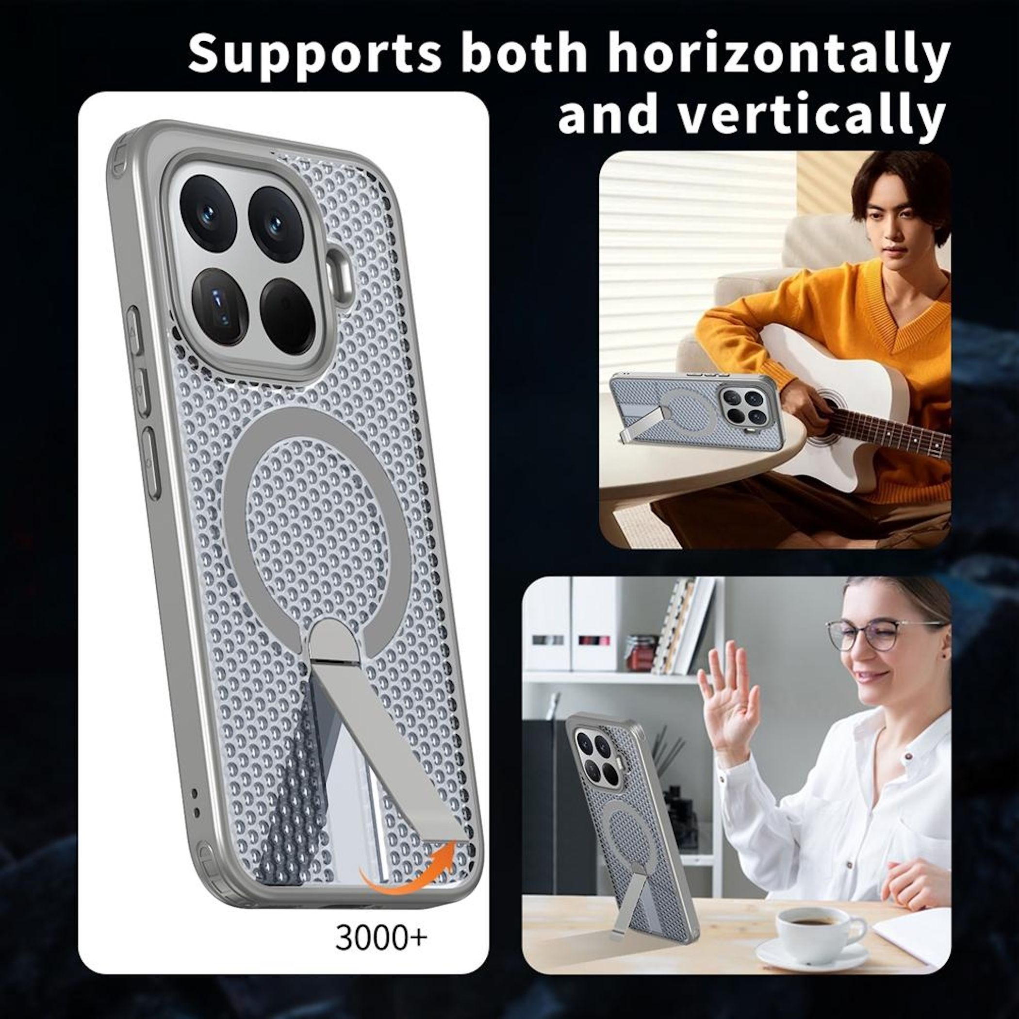 Silberne Handyhülle mit Ständer, horizontal und vertikal gezeigt.