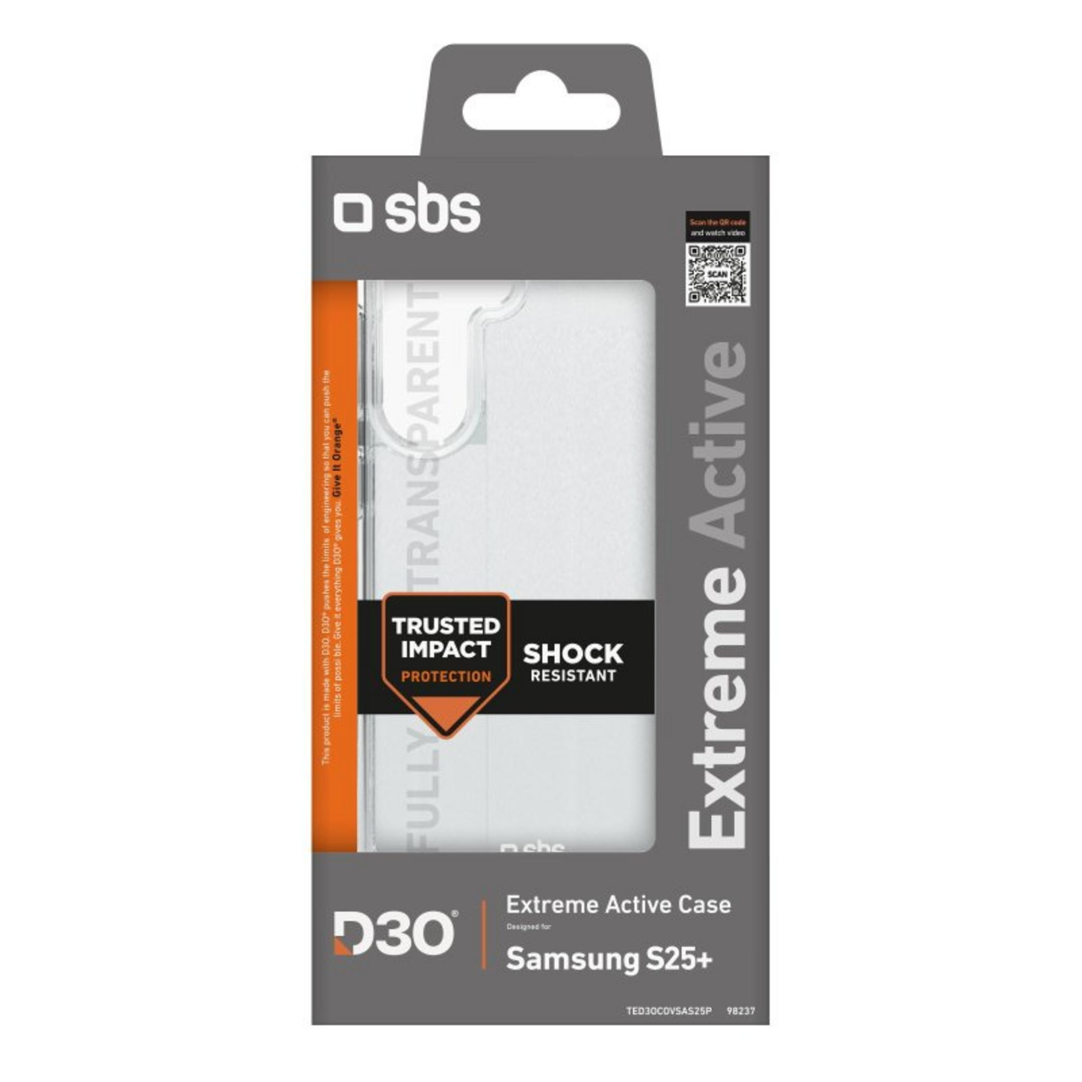 Verpackung für eine Samsung S25+ Hülle von SBS mit D30-Technologie.