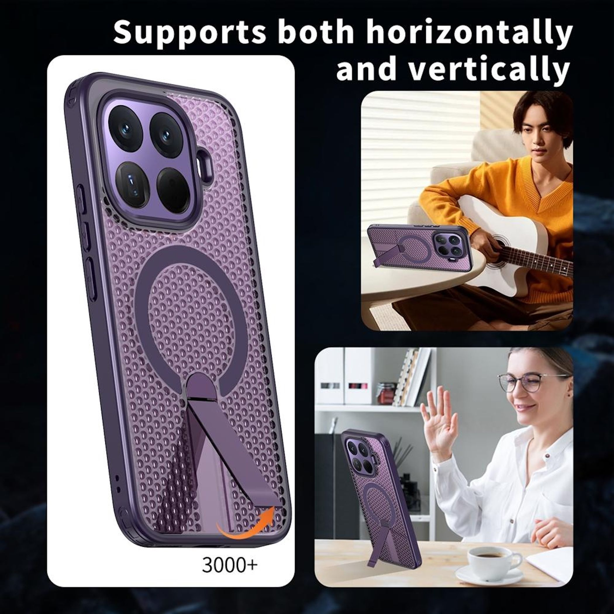 Lila Handyhülle mit Ständer, horizontal und vertikal aufstellbar.