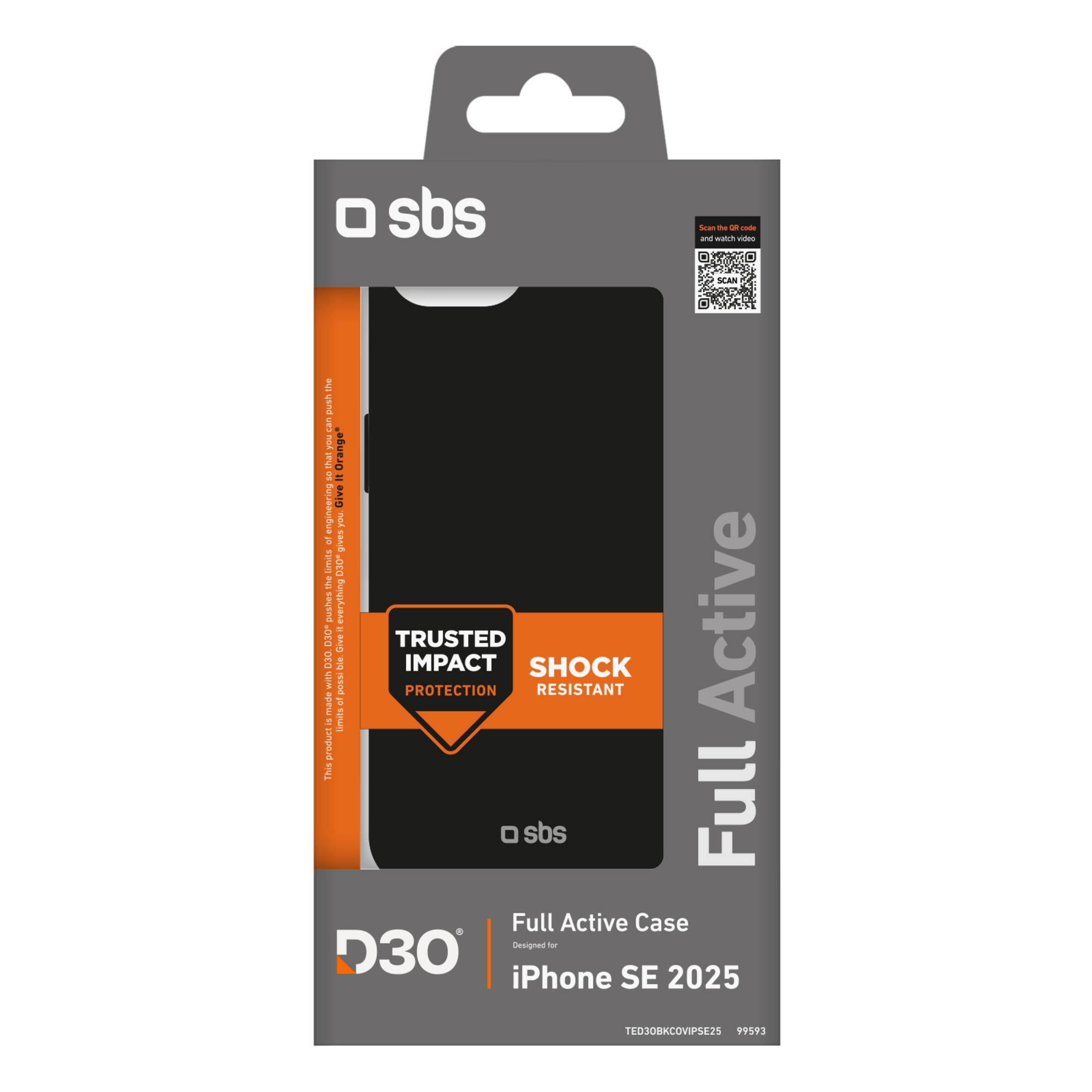 Verpackung einer schwarzen iPhone SE 2025 Hülle mit Text 'Full Active' und 'Trusted Impact Protection'.