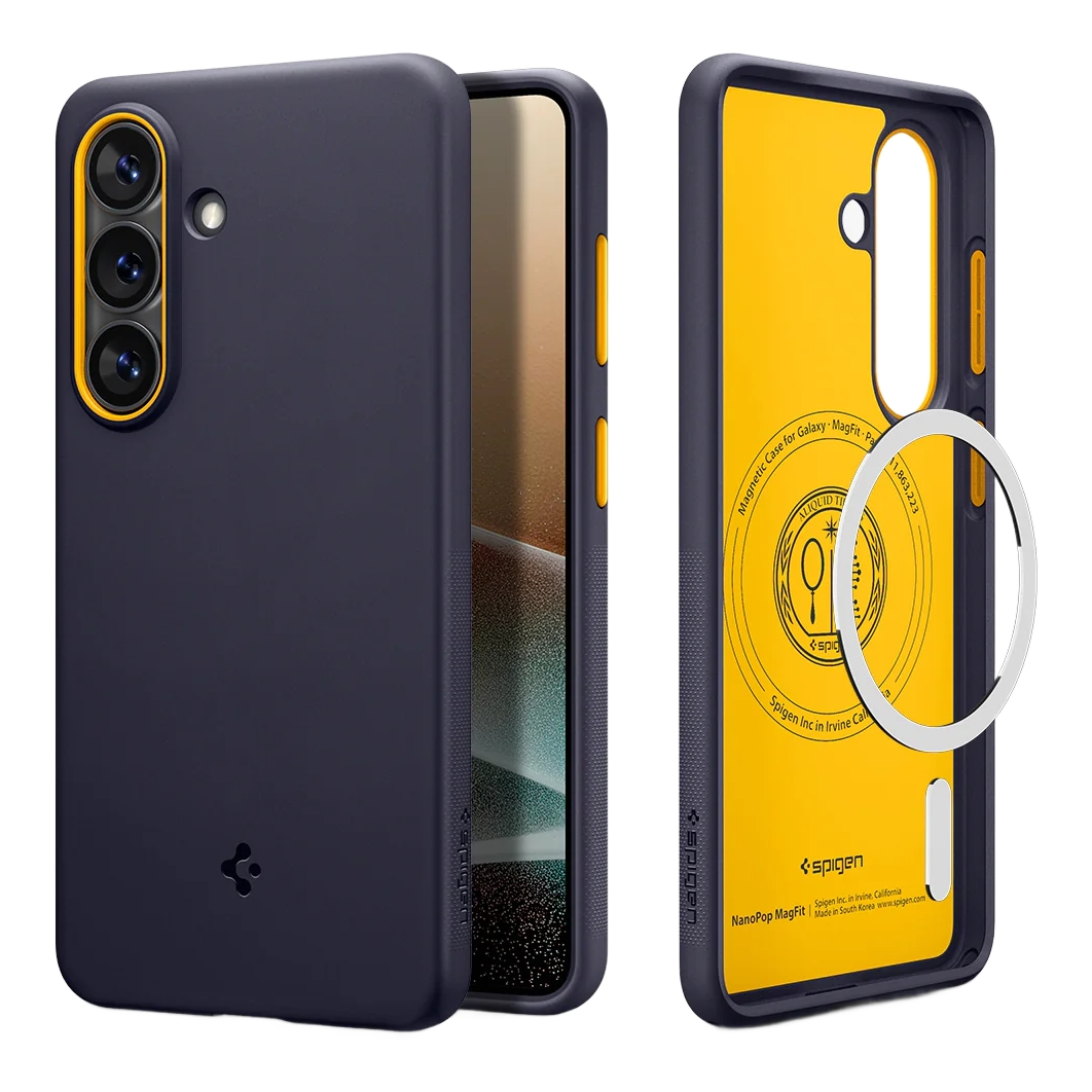 Coque de téléphone bleu foncé avec accents jaunes, le dos montre le logo MagFit.