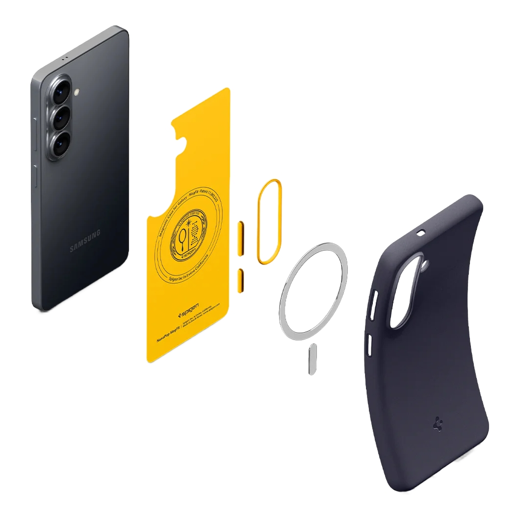Vue éclatée d'un téléphone Samsung foncé avec insert jaune et accessoires.