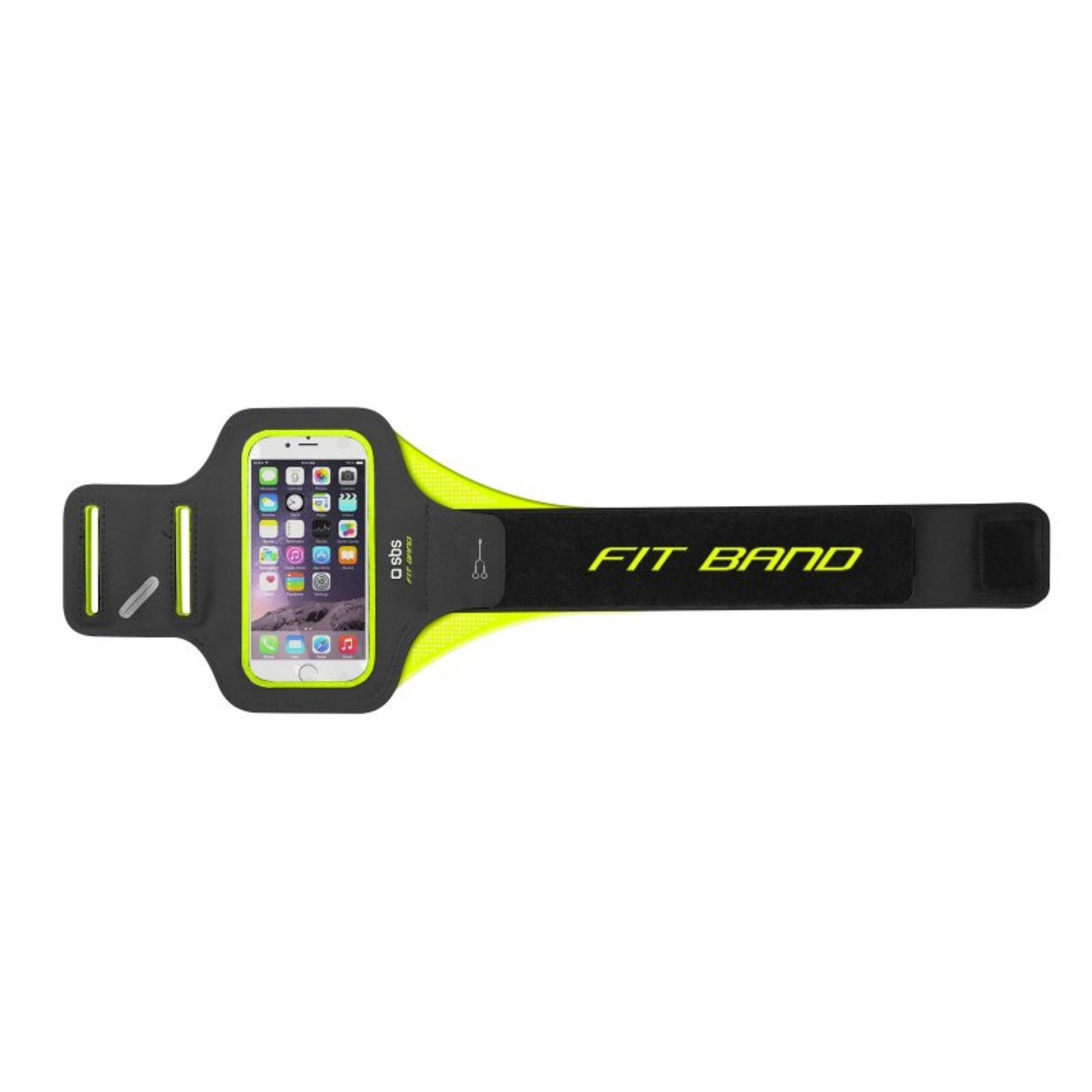 Brazalete deportivo negro con borde amarillo, sujetando un smartphone.