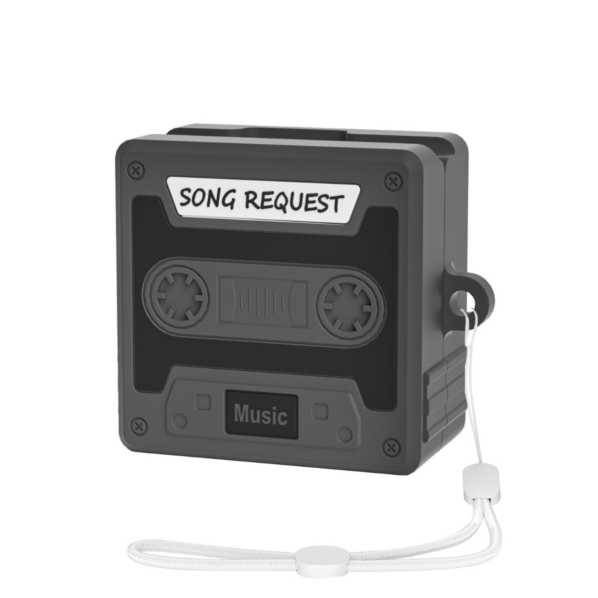 Una custodia grigia a forma di musicassetta con etichette "SONG REQUEST" e "Music".