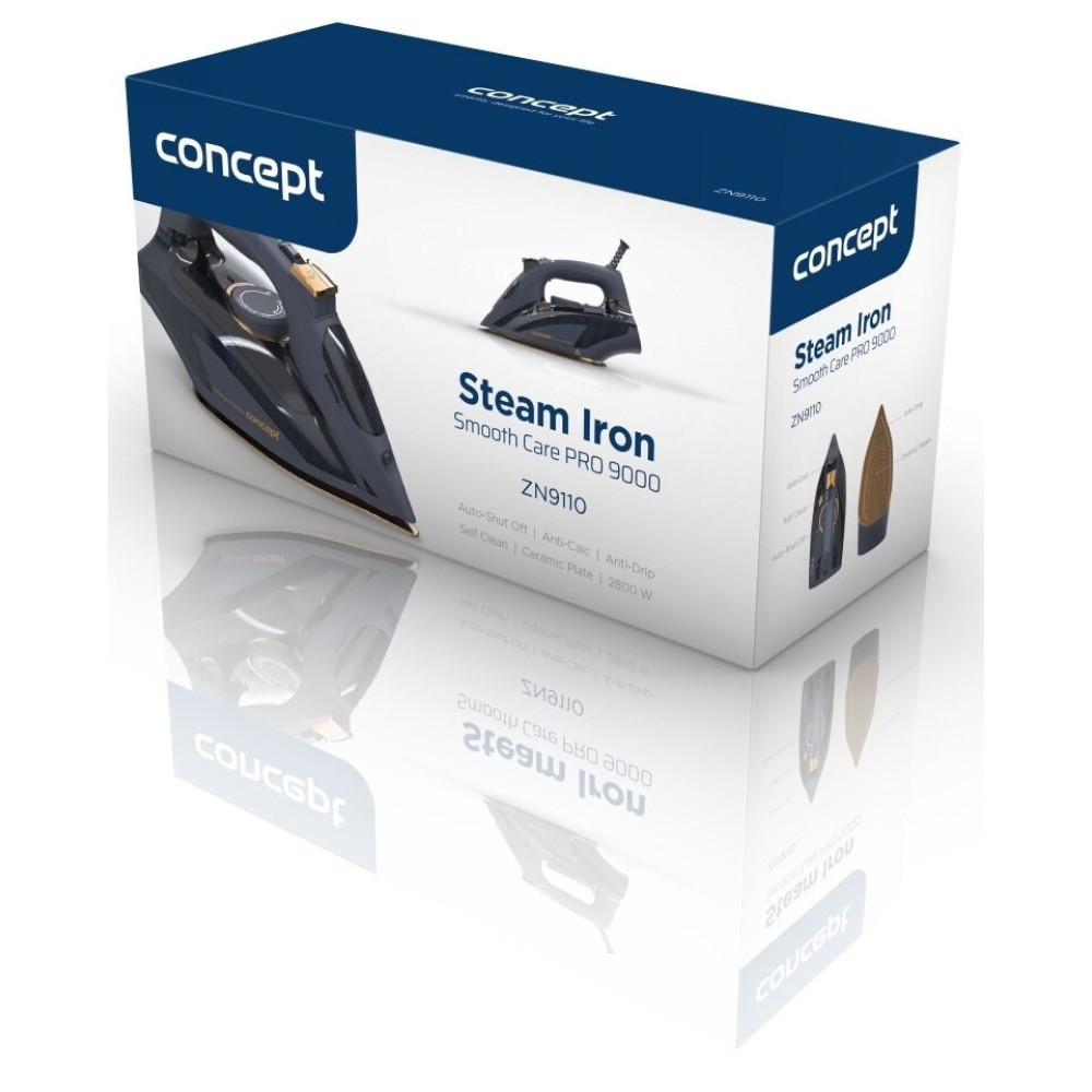 Opakowanie ciemnoszarej żelazka parowego ze złotymi akcentami i nazwą marki.