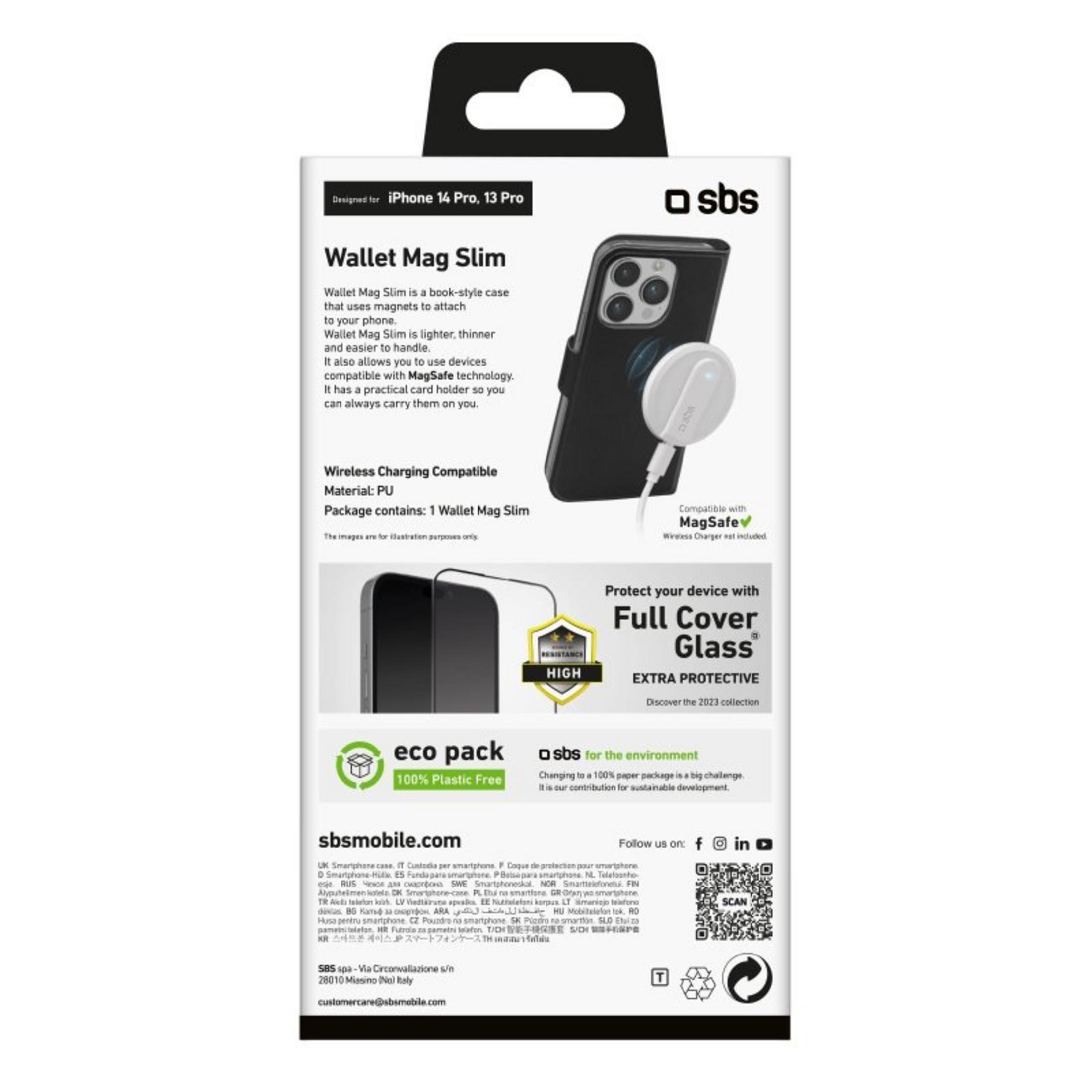 Embalaje para funda SBS Wallet Mag Slim iPhone con MagSafe y protector de pantalla cristal.