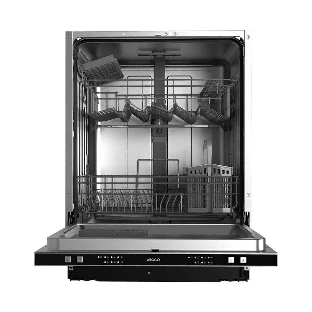 Open, empty dishwasher with two racks and cutlery basket.