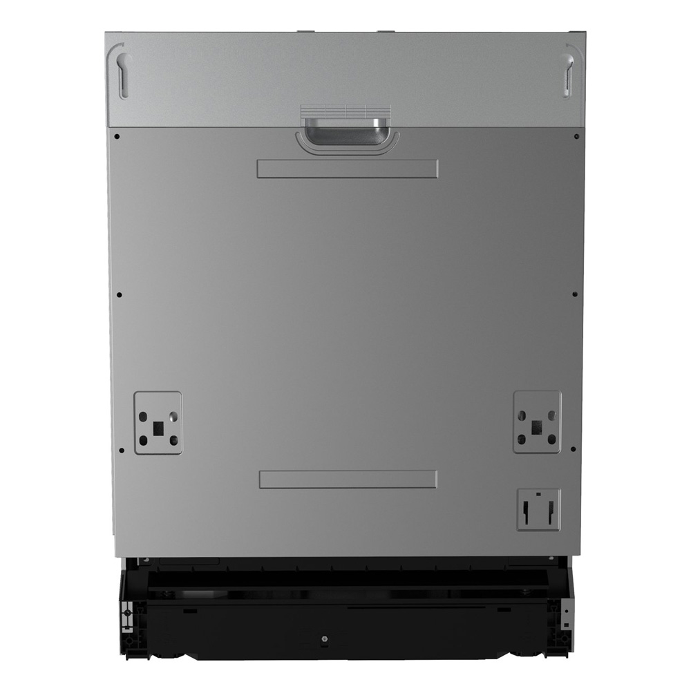 The back of a silver dishwasher with black accents and mounting points.