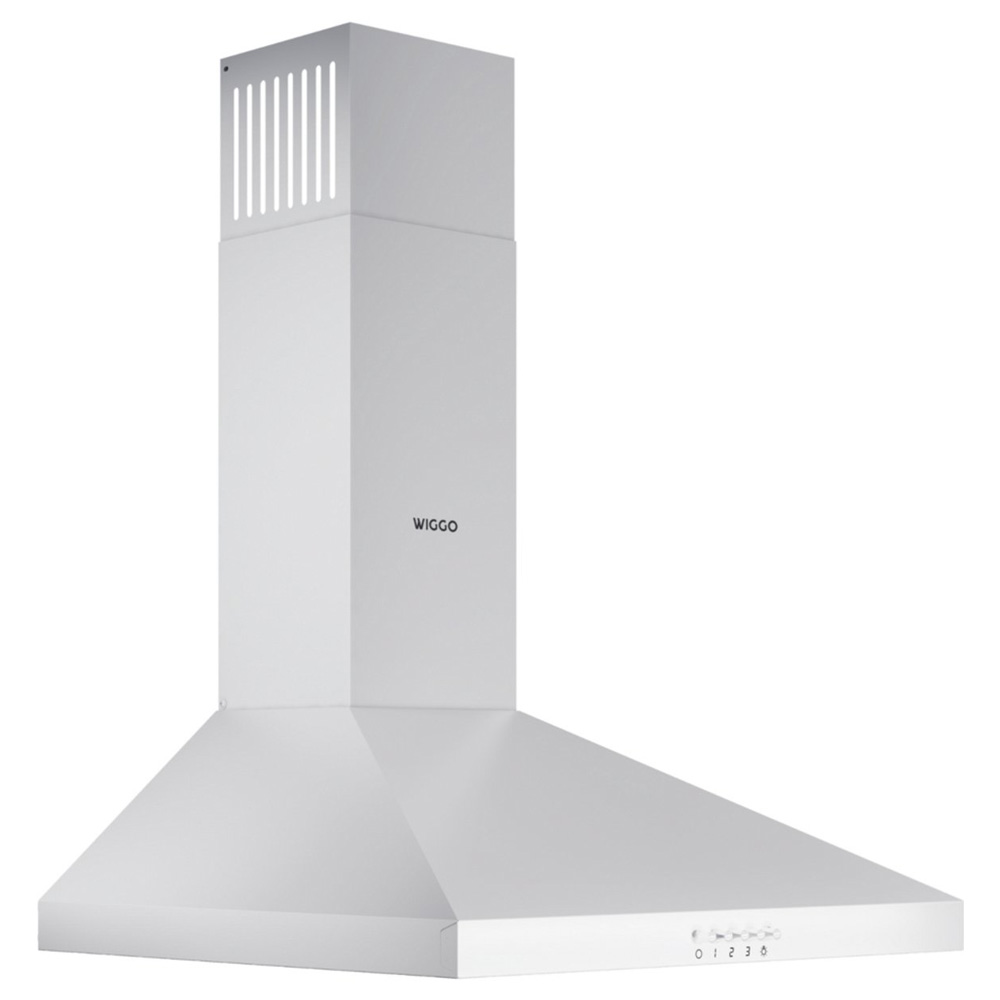 A white range hood with a rectangular chimney and top ventilation slits.