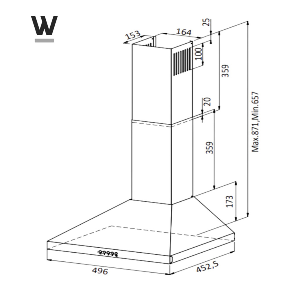 Technical drawing of a range hood with dimensions.