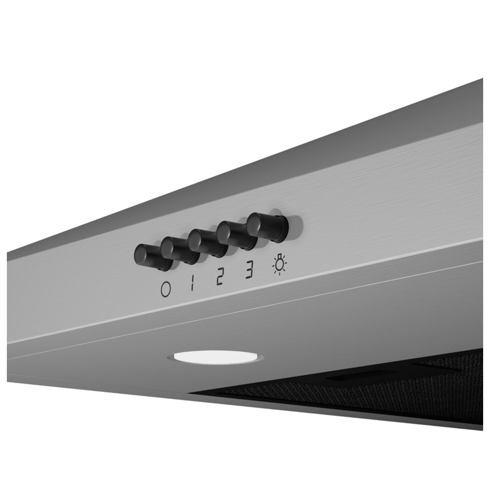 Panneau de commande de hotte aspirante gris avec cinq boutons et icône lumineuse.