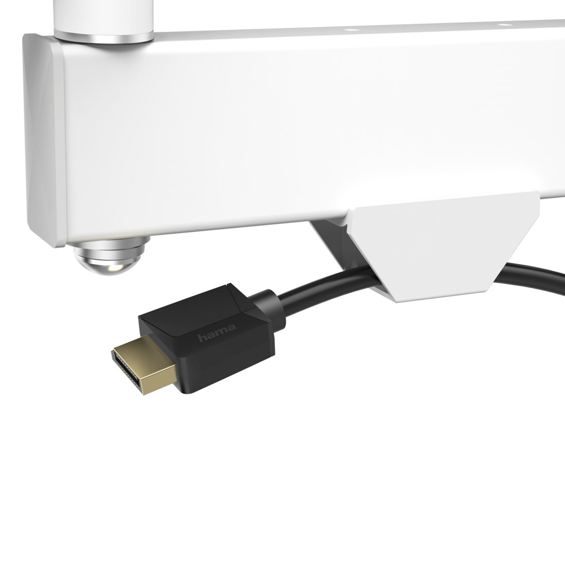 Czarny kabel HDMI ze złotą wtyczką wystaje z białego uchwytu.