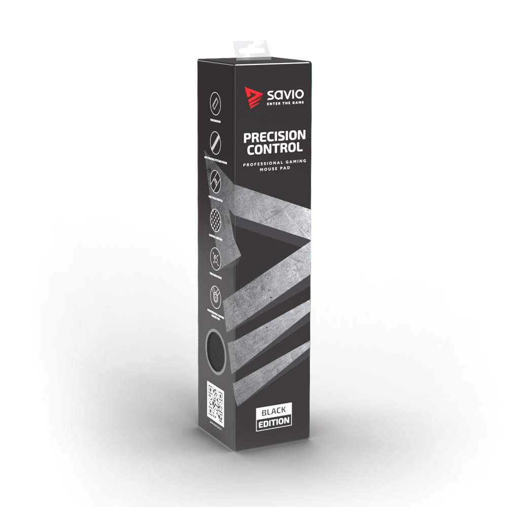 Czarne opakowanie podkładki pod mysz Savio Precision Gaming z grafiką.
