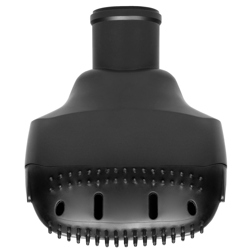 Czarny dyfuzor do suszarki do włosów z wieloma małymi bolcami i otworami wentylacyjnymi.