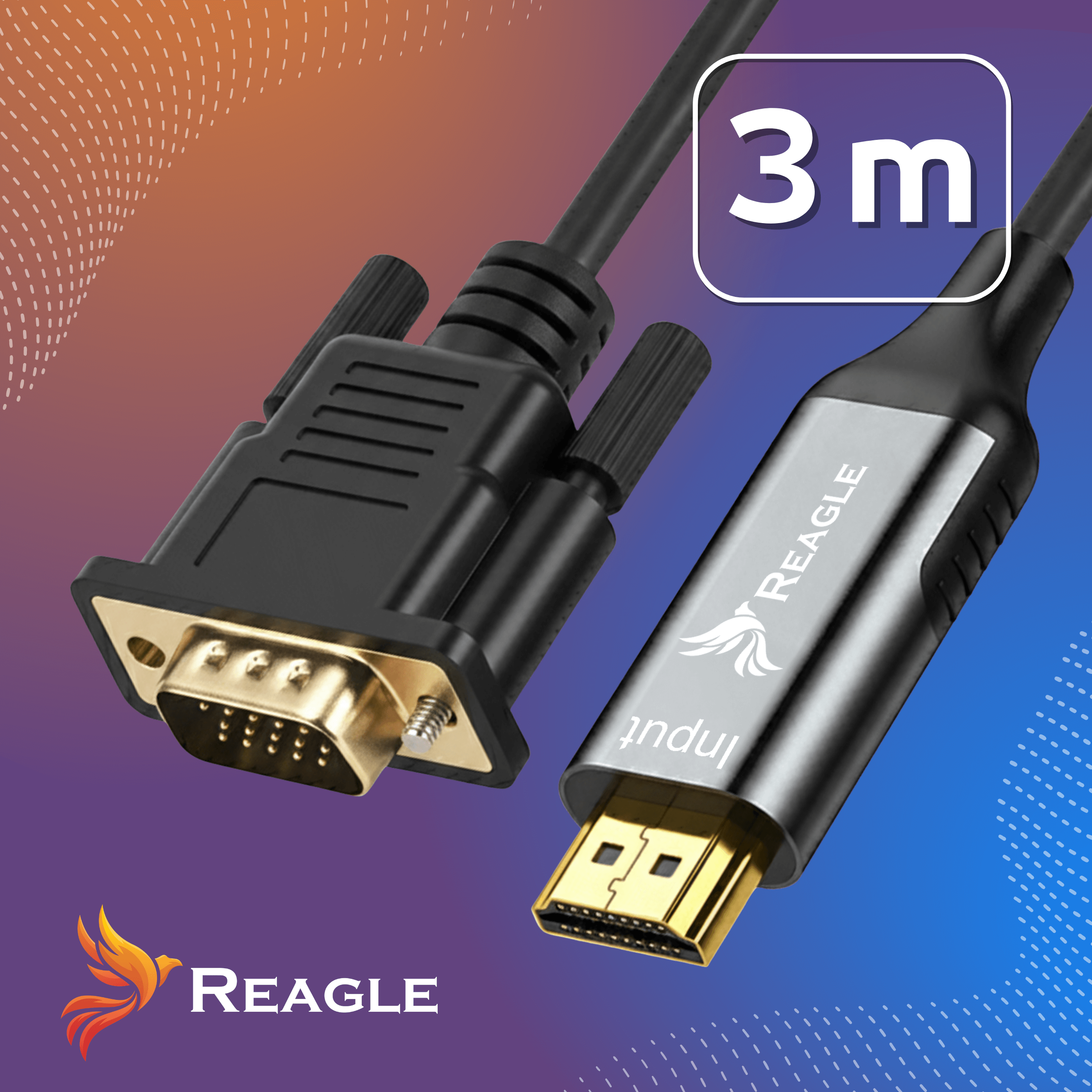 Kabel 3m z wtyczkami VGA i HDMI, marki Reagle.