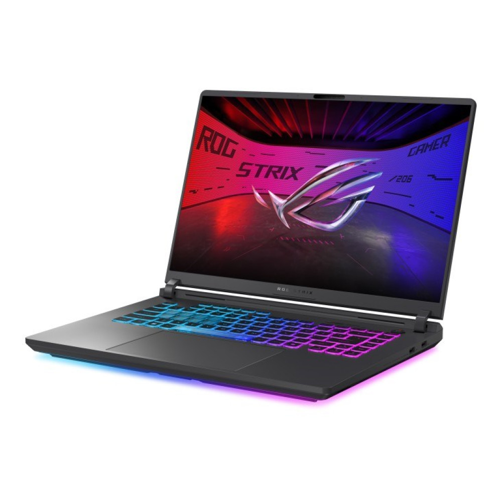 Czarny laptop z podświetlaną klawiaturą i logo ROG Strix na ekranie.