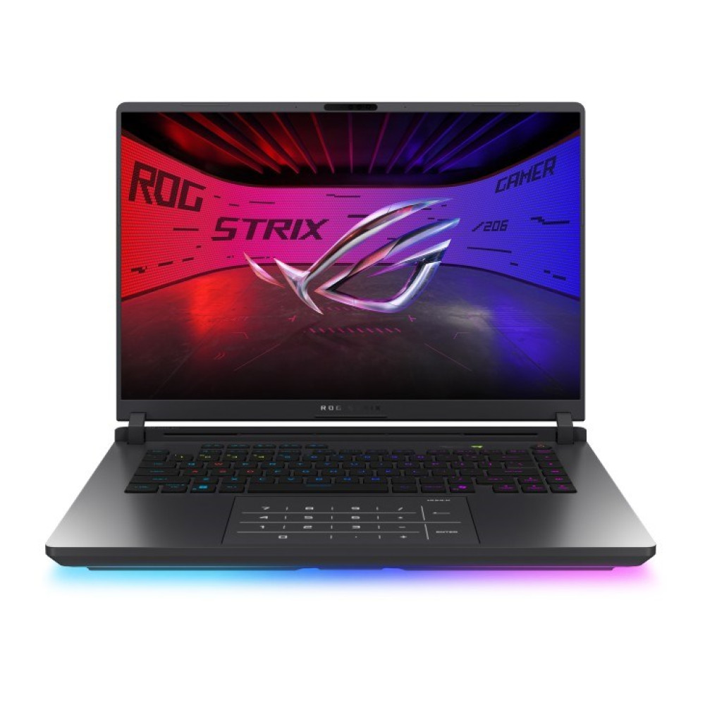 Czarny laptop z podświetlaną klawiaturą i logo ROG Strix na ekranie.