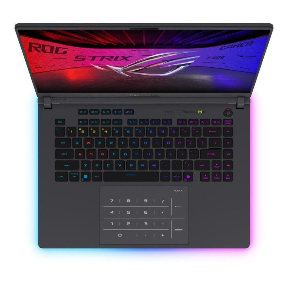 Otwarty czarny laptop gamingowy z podświetlaną klawiaturą i oświetleniem RGB.