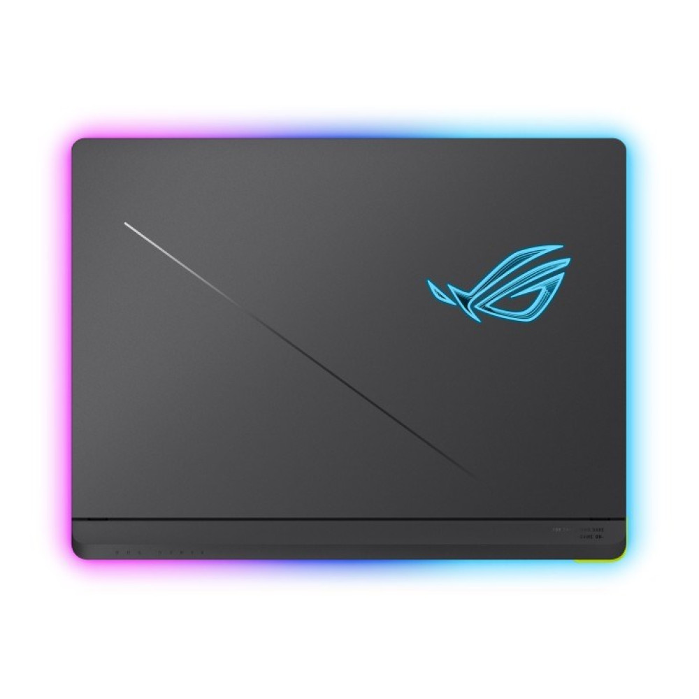 Zamknięty czarny laptop z niebieskim logo ROG i oświetleniem RGB.
