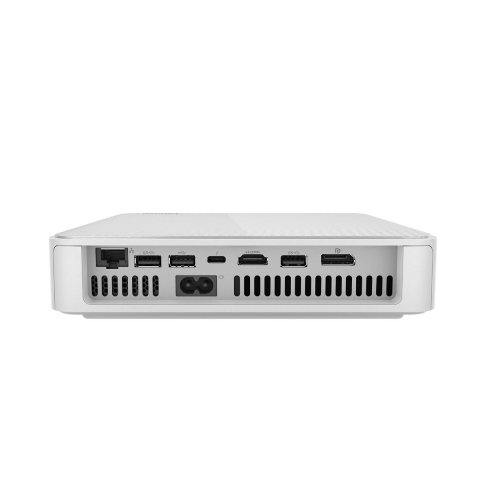 Biały tył komputera z portami: Ethernet, USB, HDMI, zasilanie.