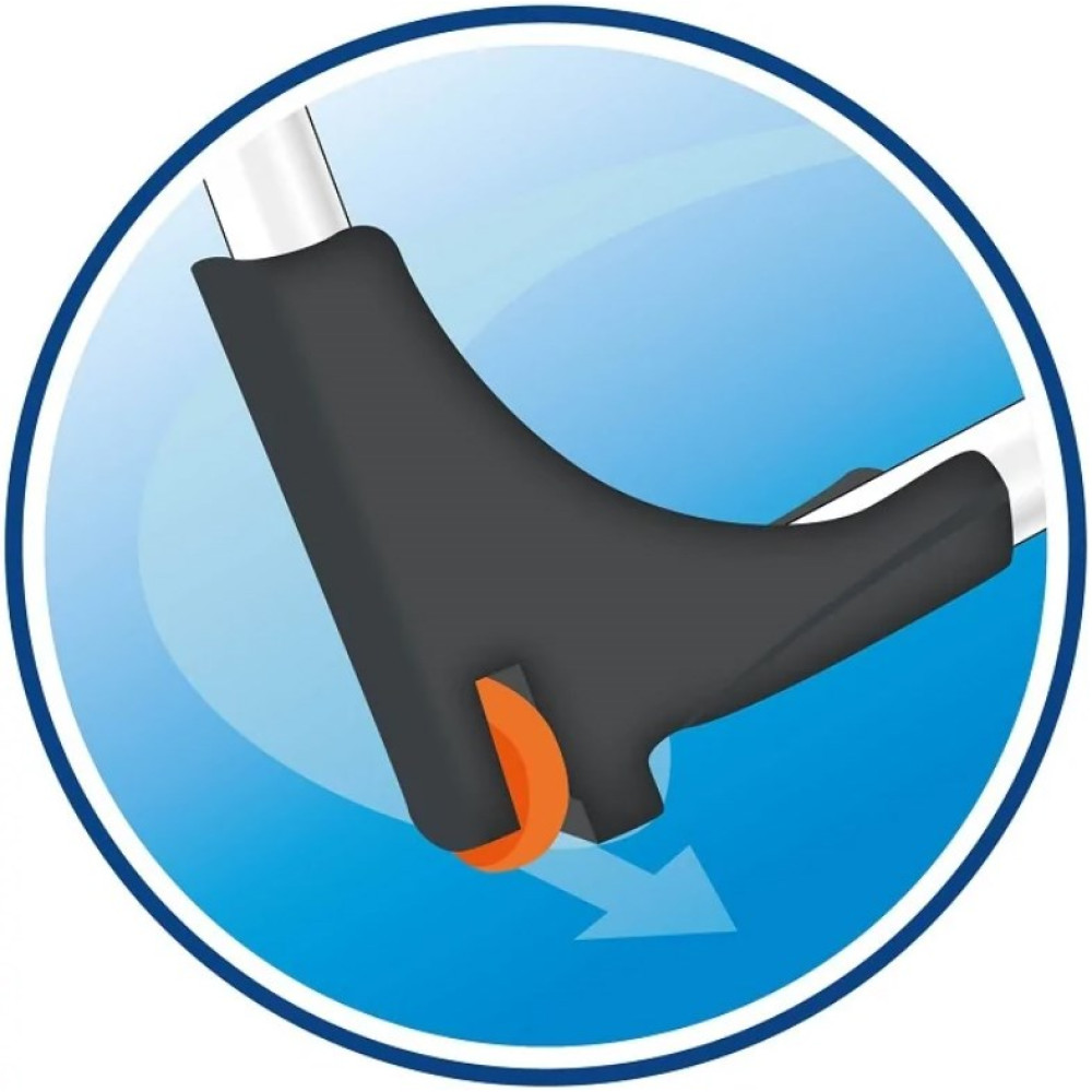 Pomarańczowe koło obraca się pod czarnym uchwytem. Strzałka wskazuje w prawo.