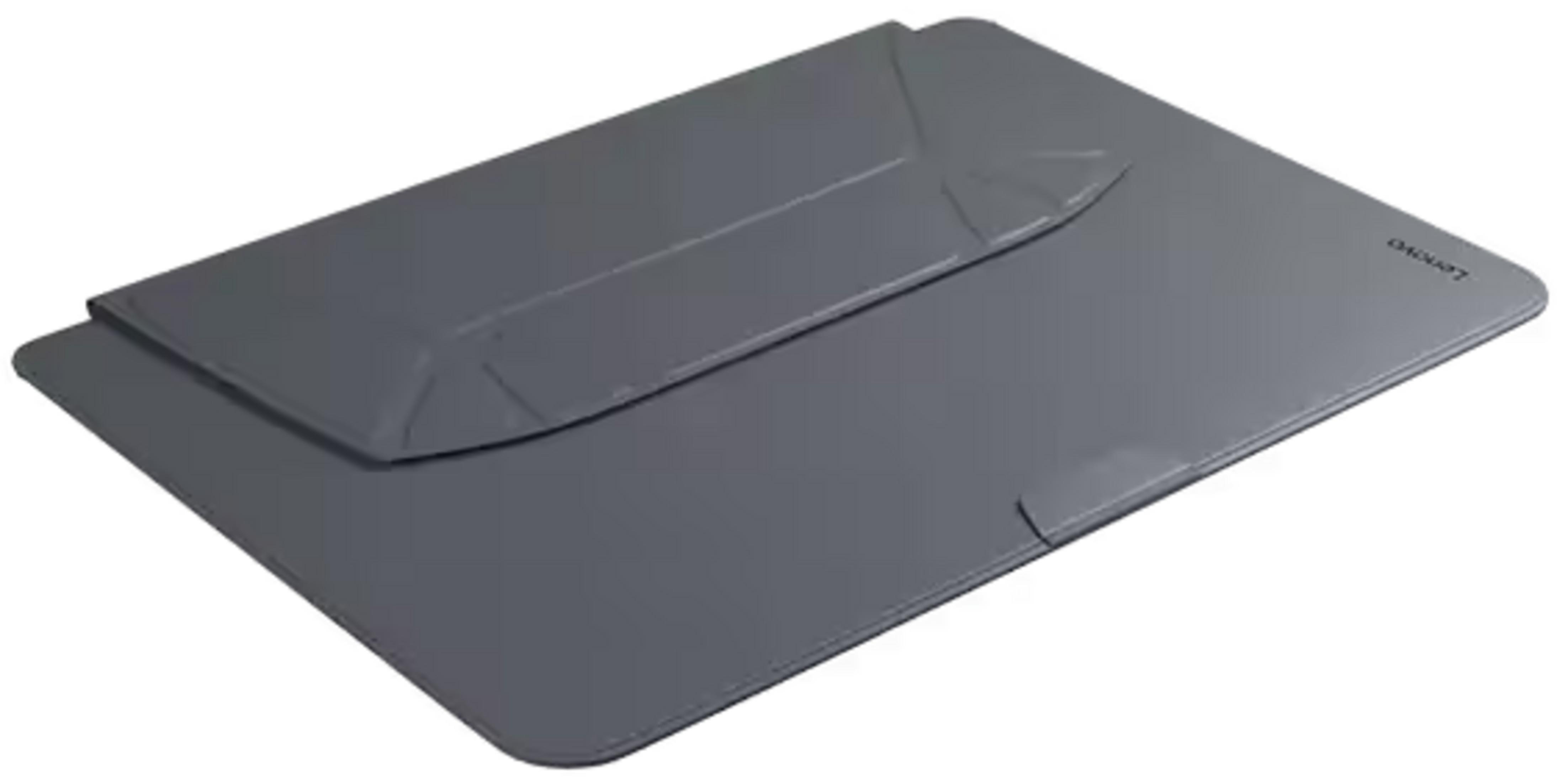 Szara torba na laptopa ze złożonym przodem i logo Lenovo.