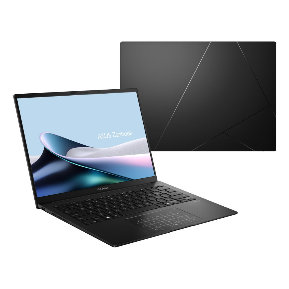 Czarny laptop z podświetlaną klawiaturą i logo Zenbook na ekranie.