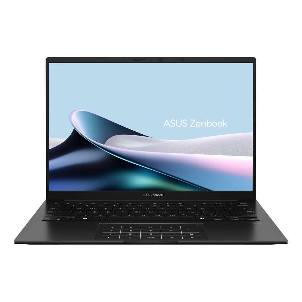 Czarny laptop ASUS Zenbook o eleganckim designie, otwarty i wyświetlający ekran.