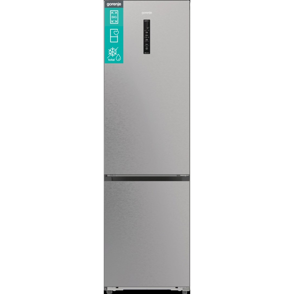 Un frigorifero Gorenje argentato a due porte con display digitale.