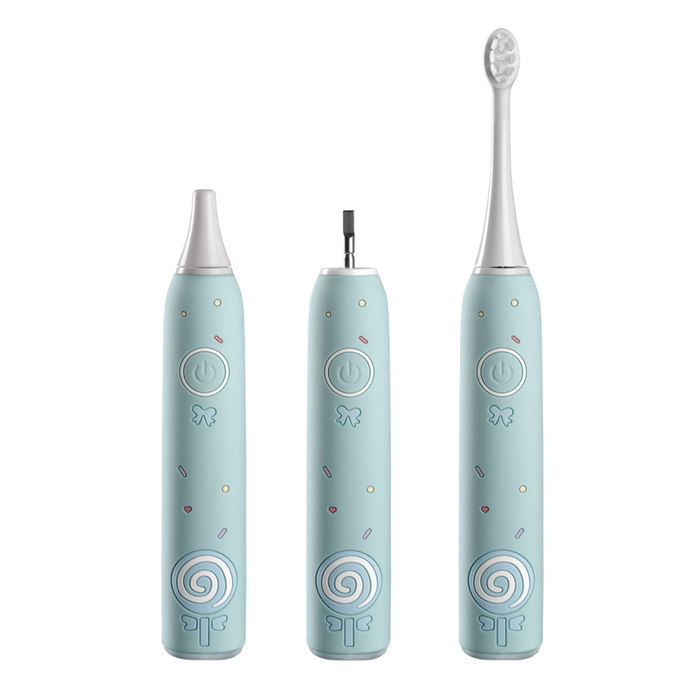 Trzy turkusowe szczoteczki do zębów z przyciskami i motywami cukierków na białym tle.