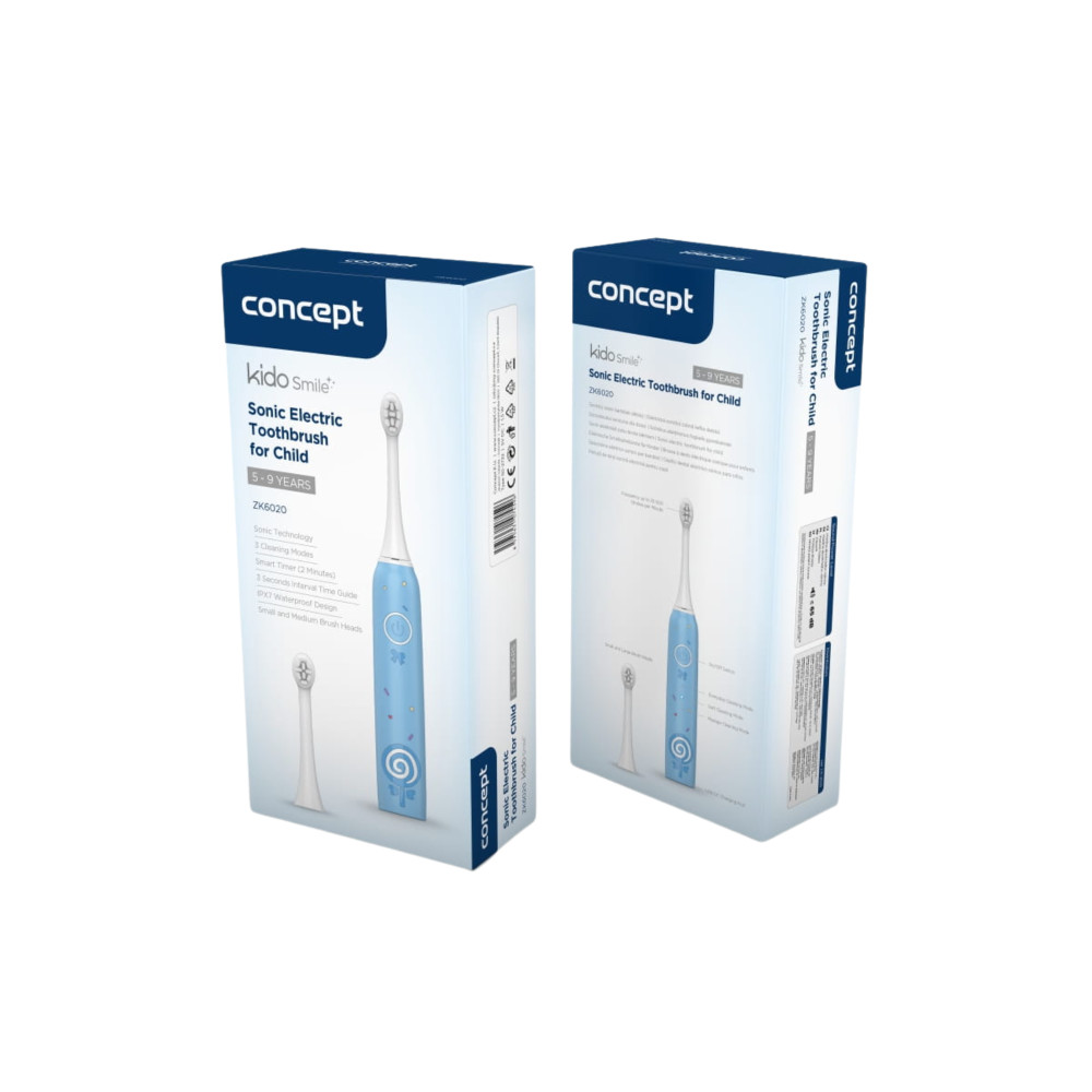 Dwa opakowania niebieskich szczoteczek sonicznych Concept Kido Smile dla dzieci.