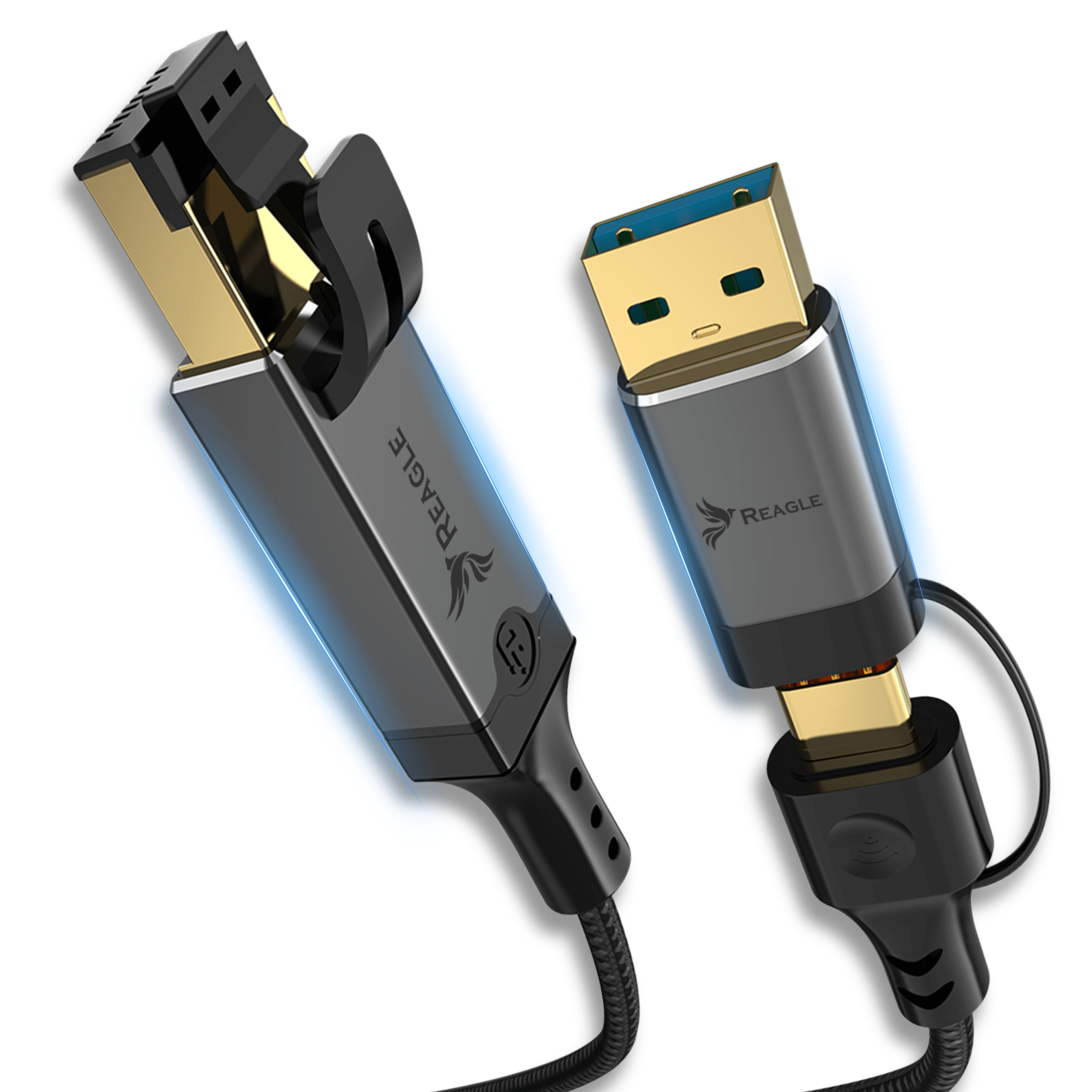 Dwa adaptery USB-C ze złotymi złączami i czarną obudową.