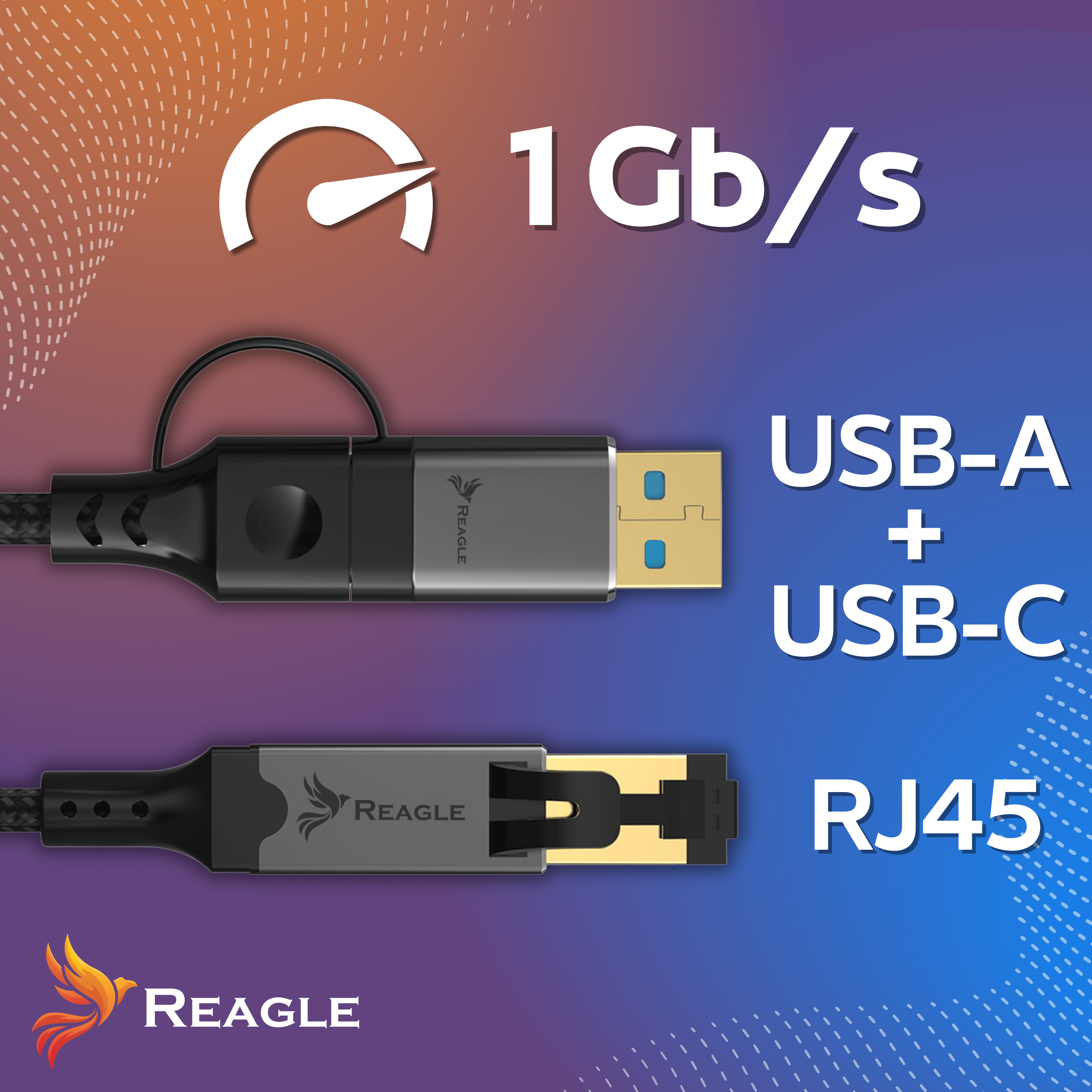 Zbliżenie dwóch kabli Reagle: USB-A/USB-C i RJ45, z wyświetlaczem 1Gb/s.