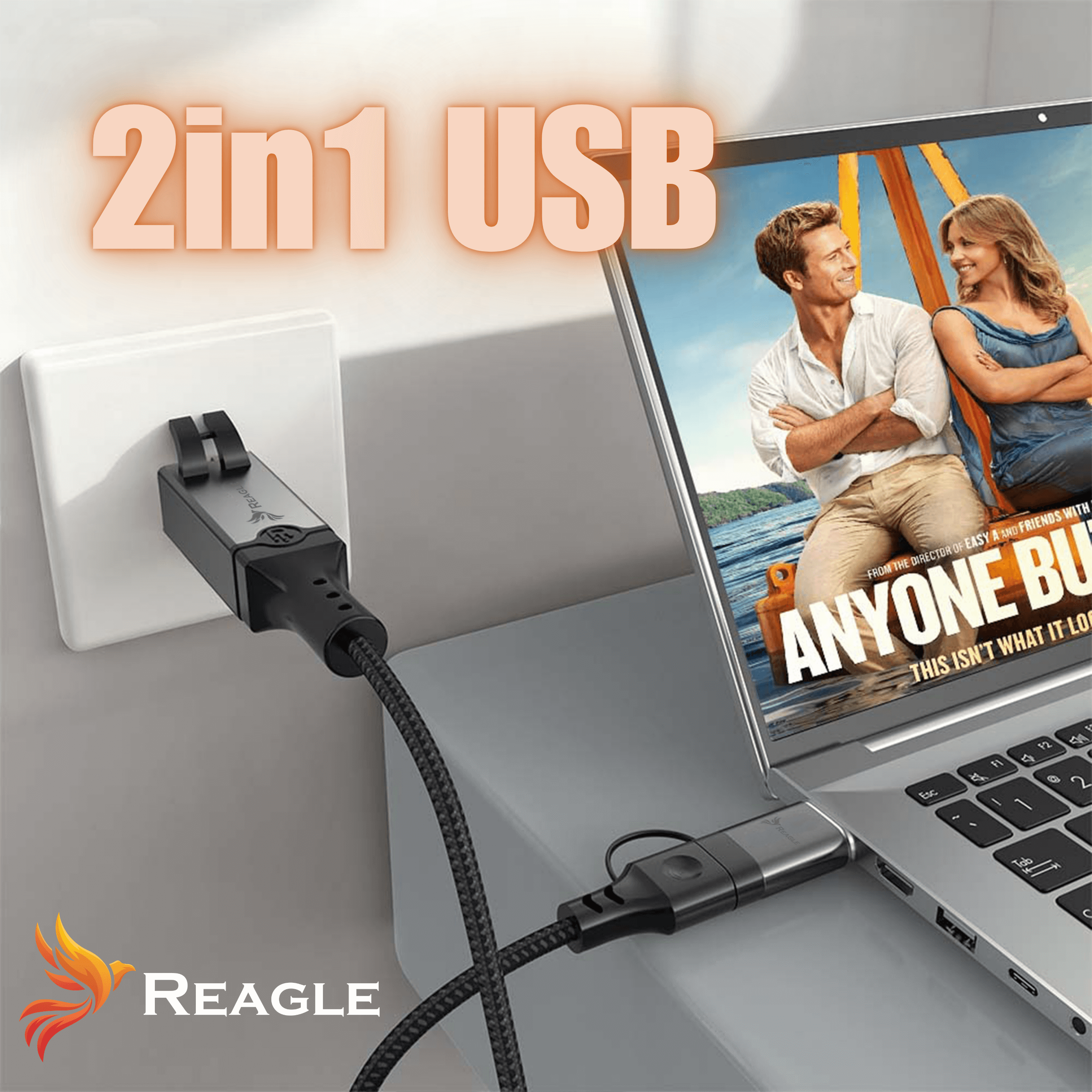 Urządzenie USB 2 w 1 jest podłączone do gniazdka ściennego i laptopa.
