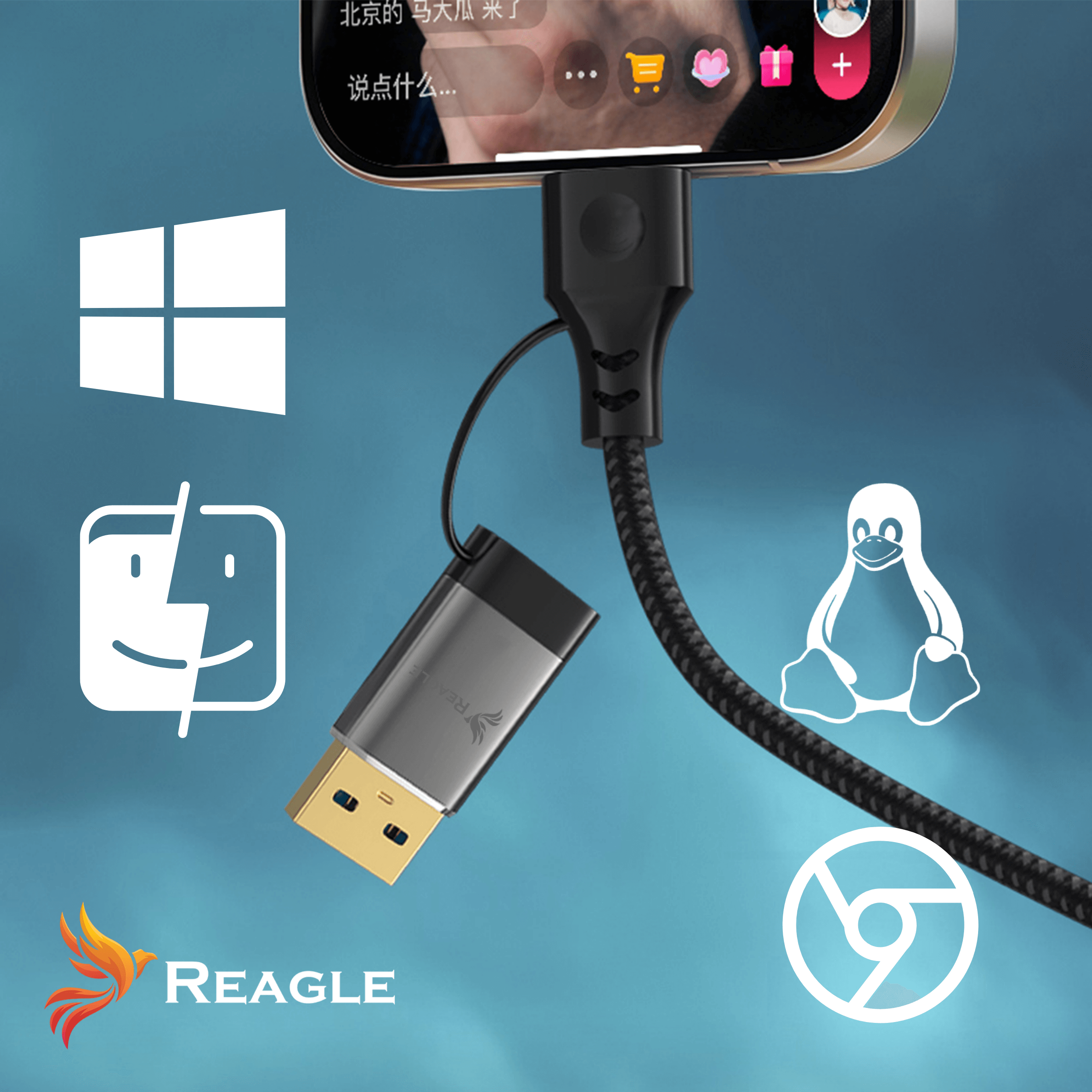 Pendrive z logo łączy czarny kabel ze smartfonem. Ikony Windows, Linux, Chrome i Reagle.