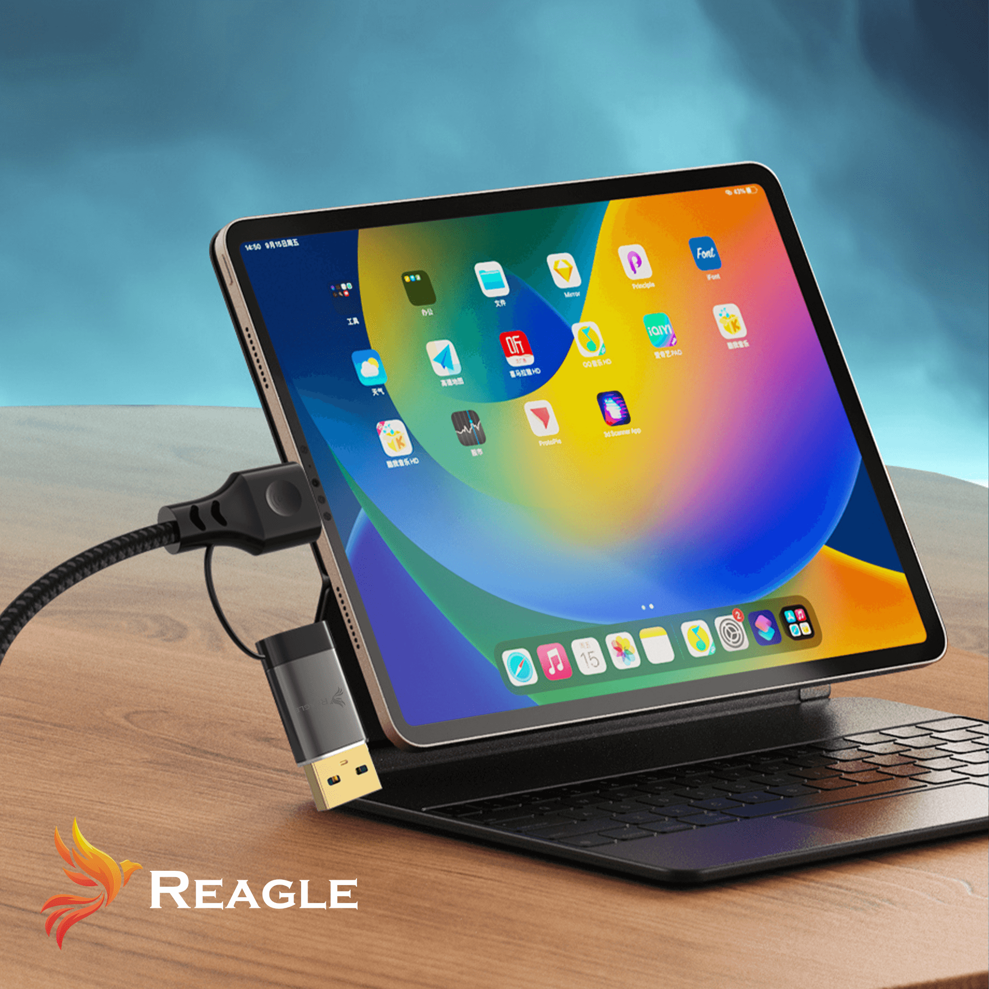 Tablet z klawiaturą, adapterem USB i kablem na drewnianym stole.