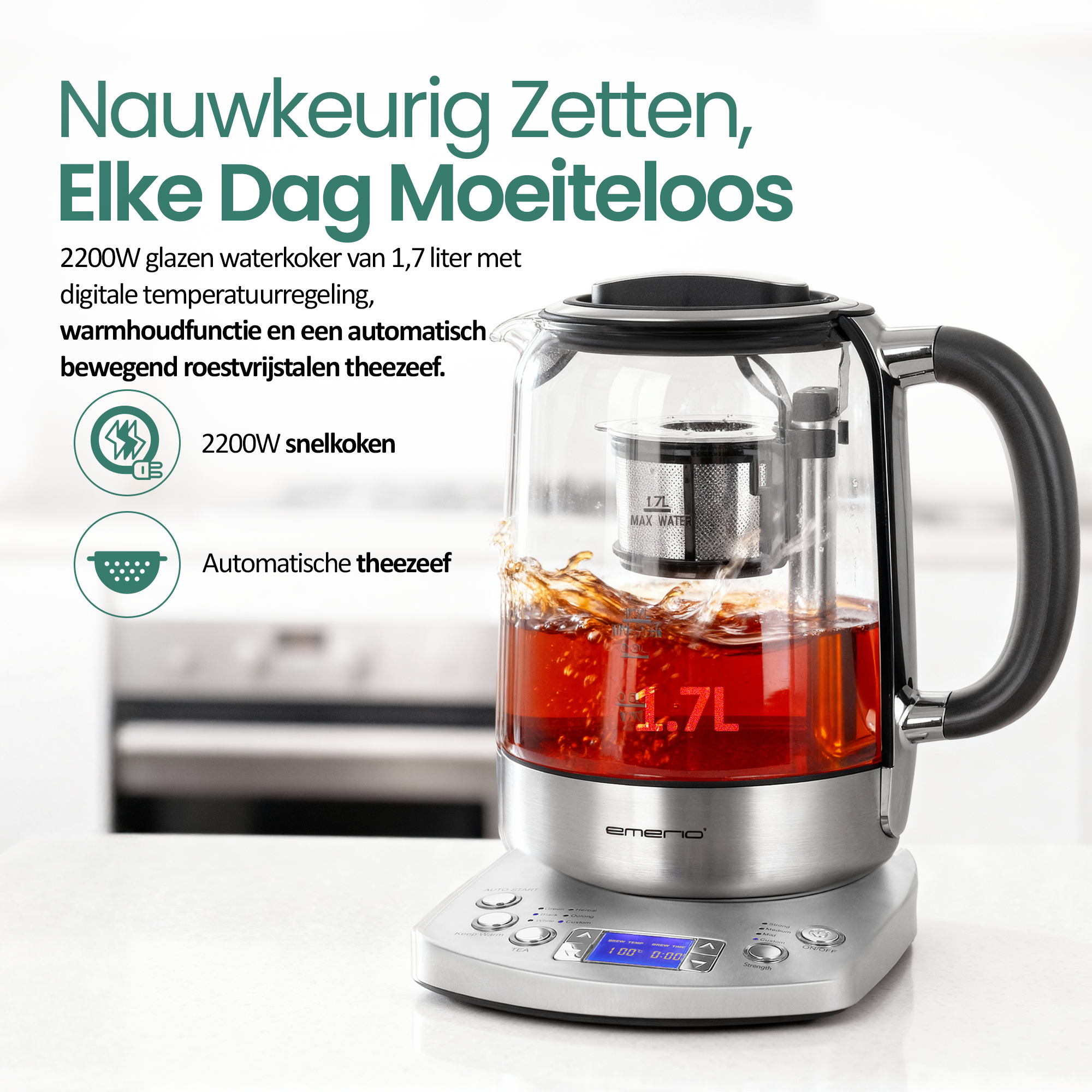Een 1,7L glazen waterkoker met automatische theefilter en digitale bediening.