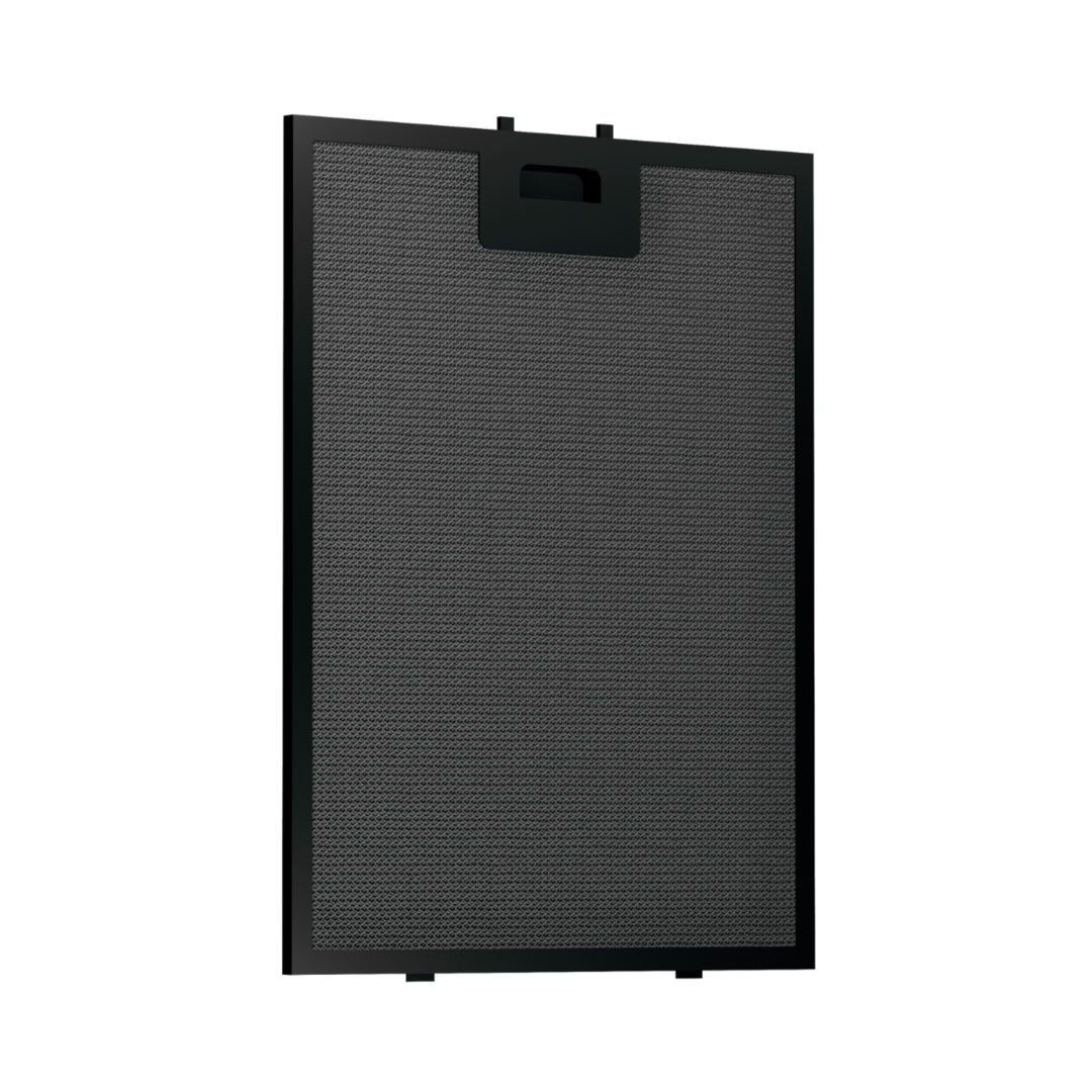 Grijs filter met zwart frame en handvat.