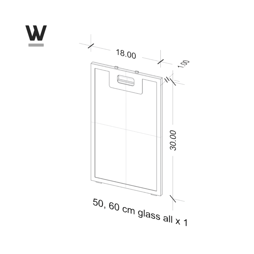 Technical drawing of a frame with handle; dimensions 18x30 cm.