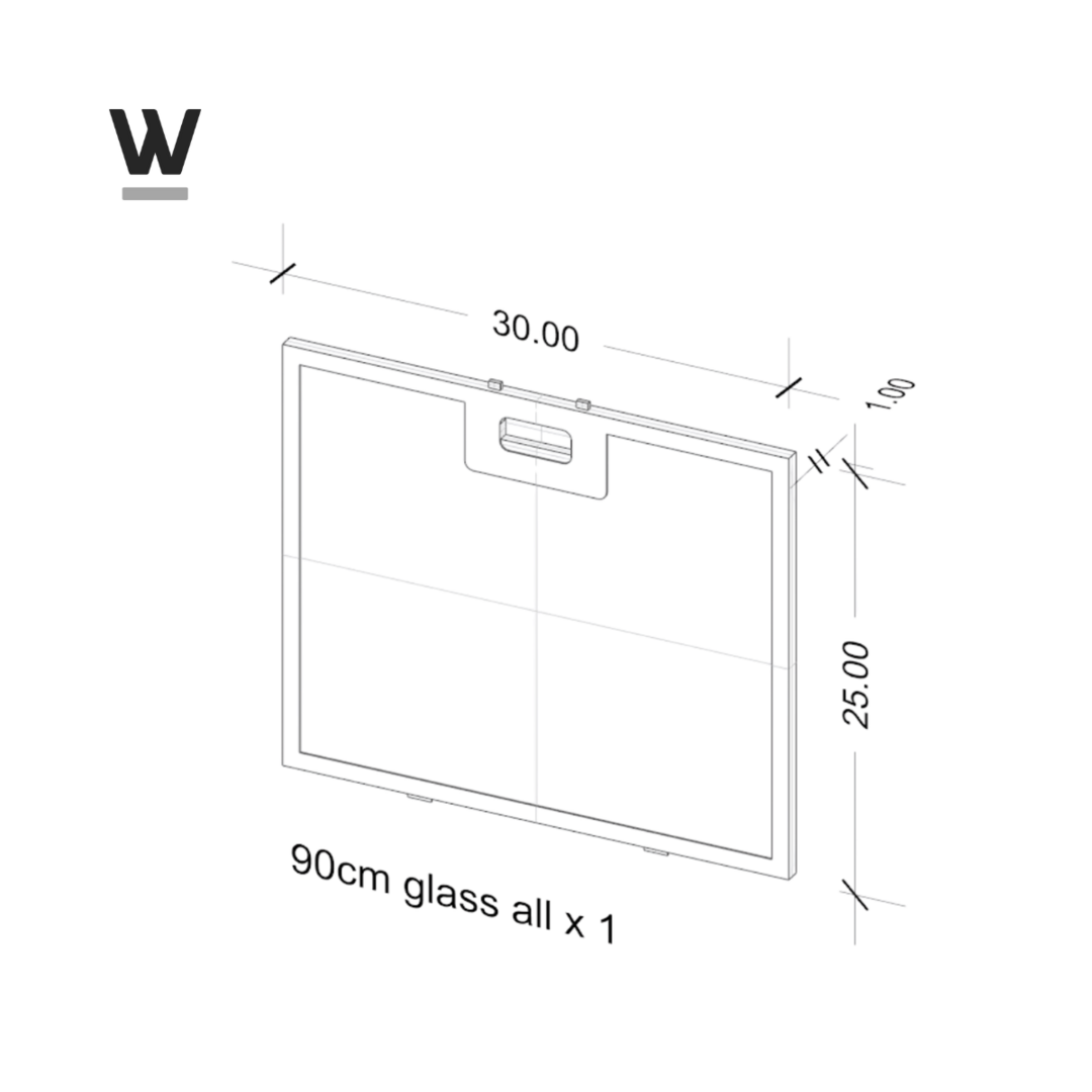 Technical drawing of a glass panel with handle. Dimensions: 30x25x1cm.
