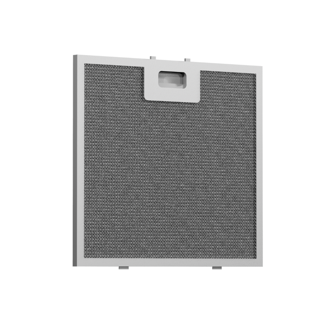 A silver range hood filter with a handle on top.