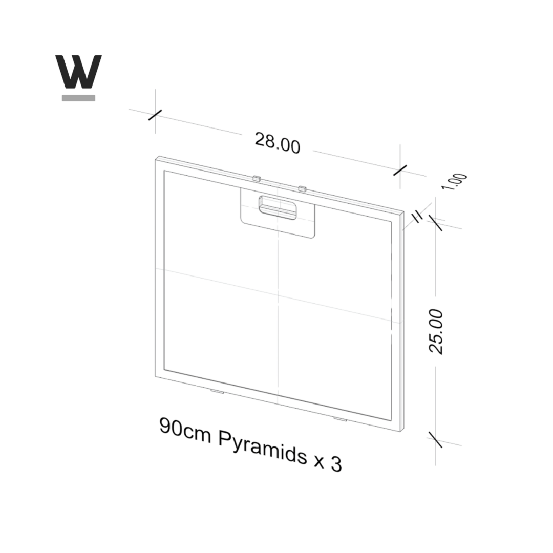 Technical drawing of a rectangular frame with a handle on top and dimensions.