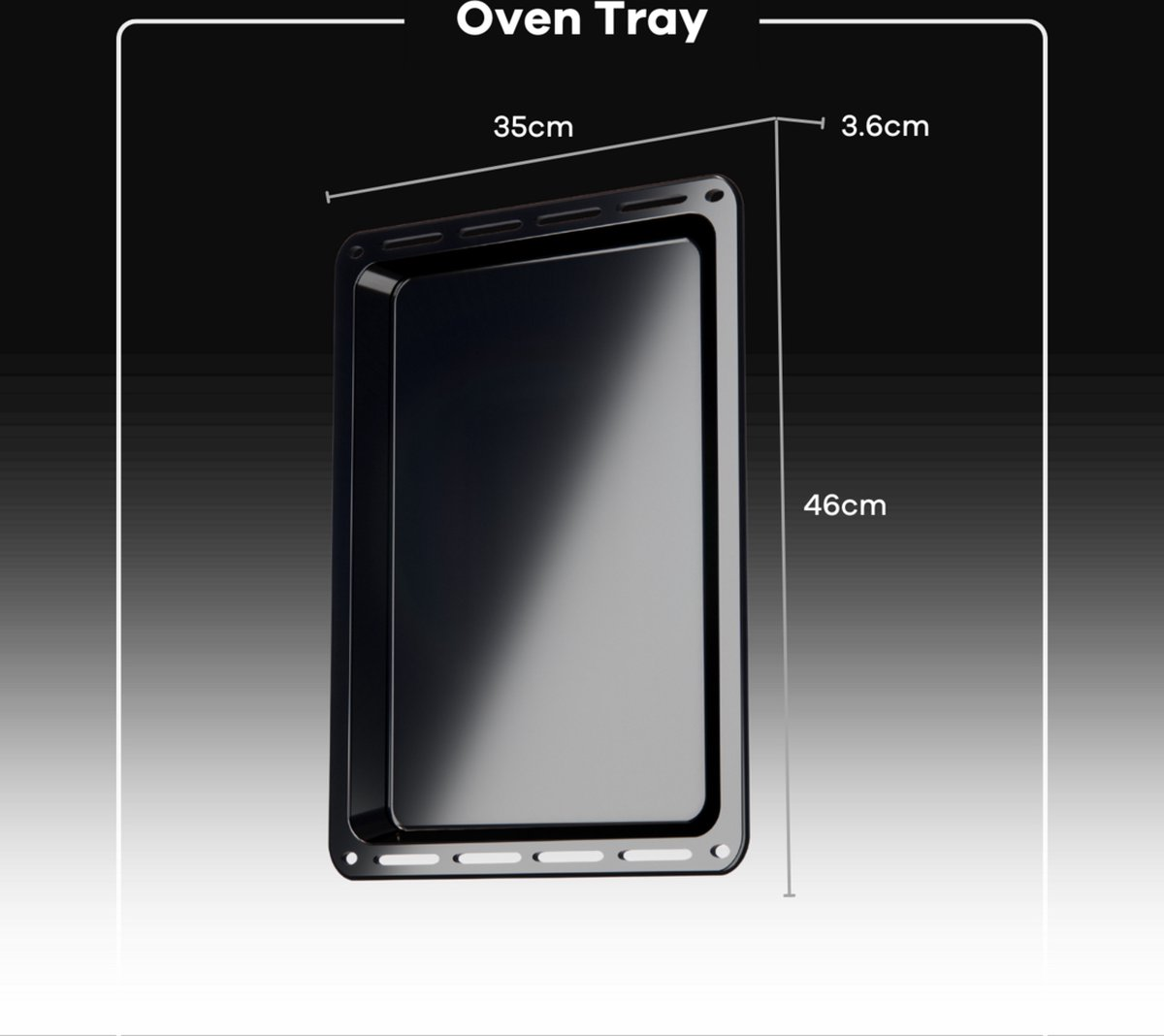 A black oven tray shown in detail with dimensions 35cm x 46cm.