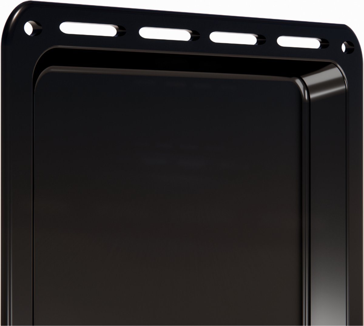 Close-up of a black oven door with ventilation slots and rounded corners.