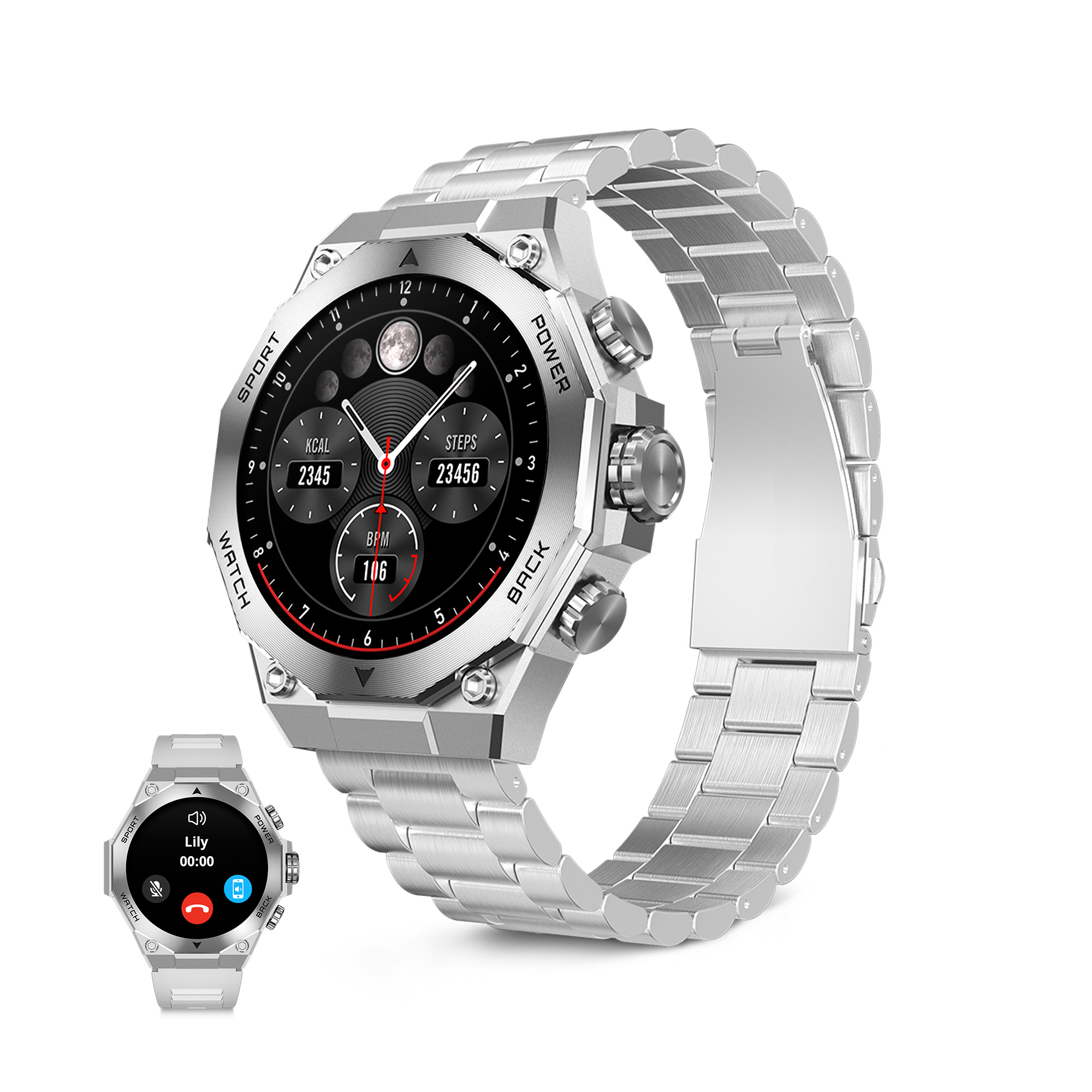Dos relojes inteligentes plateados con correas metálicas sobre fondo blanco.