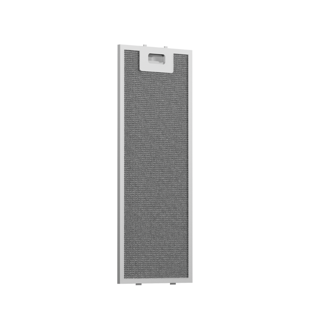 A rectangular range hood filter with a white frame and a metallic mesh screen.