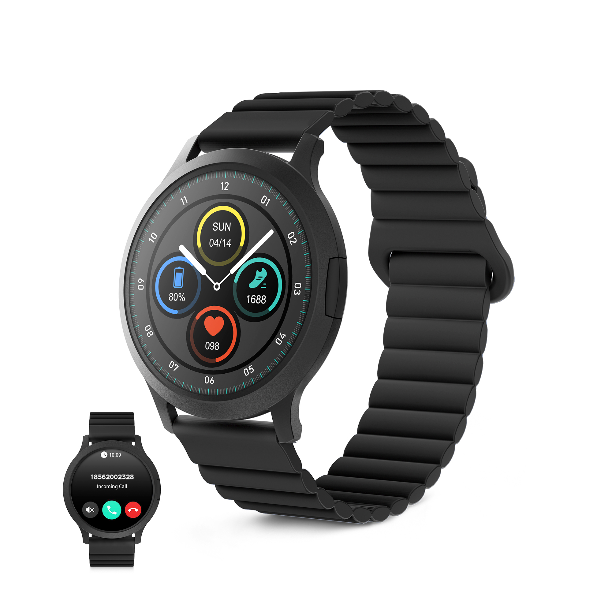 Uno smartwatch nero con cinturino flessibile, mostra una chiamata in arrivo.